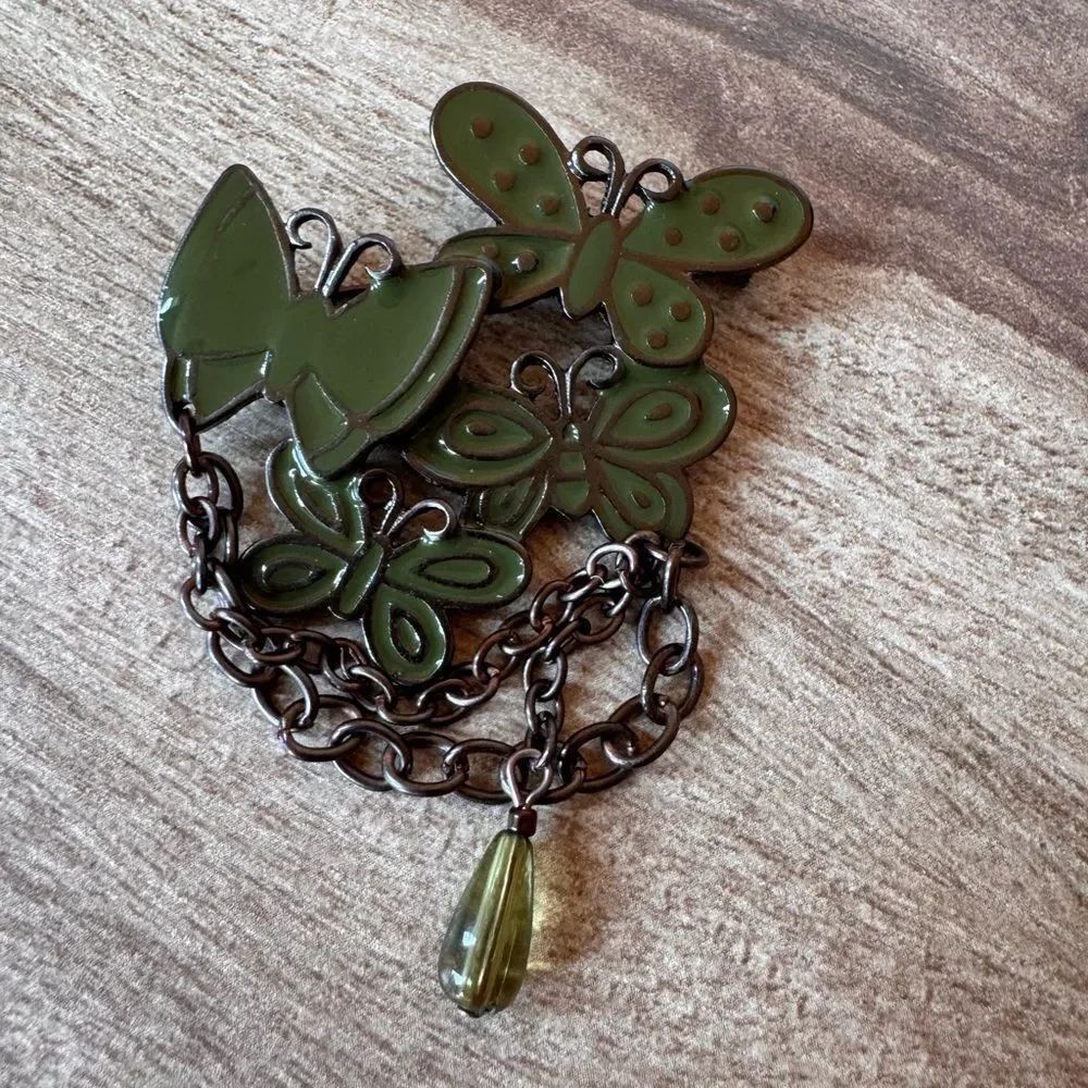 Butterfly Brooch Enamel Green Gun Metal Dangle Tassel Forest Earthy Fantasy